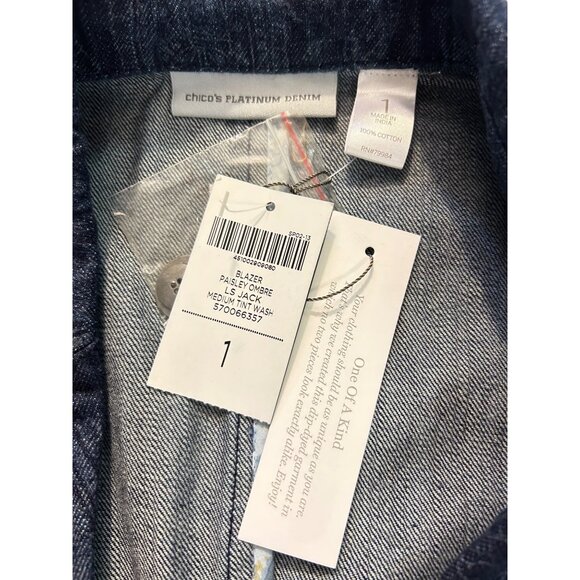 Chicos Platinum Denim Paisley Ombre Blazer Jacket 1 Medium NWT - Picture 4 of 7